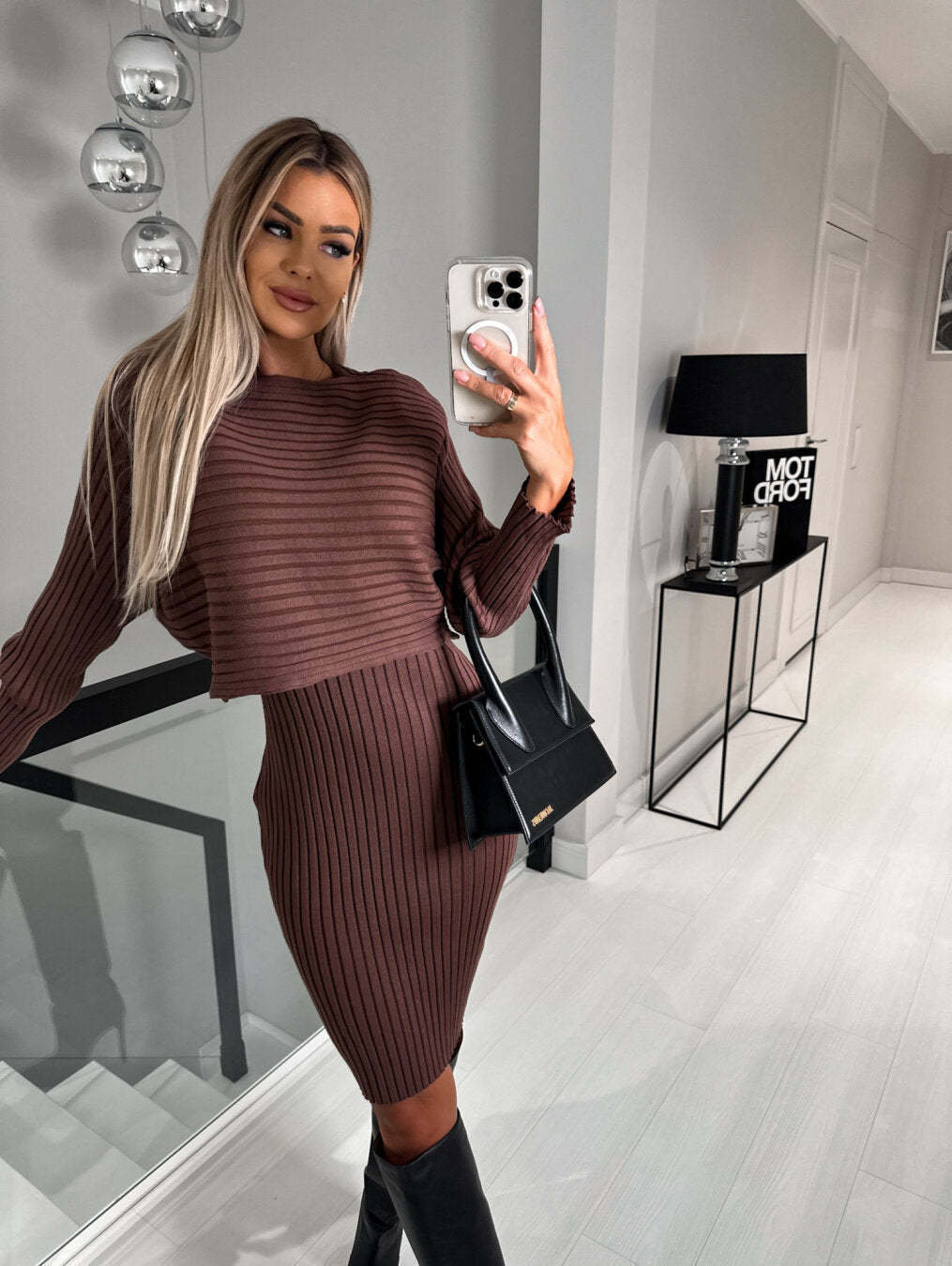 Striped long-sleeved top and mini dress with straps